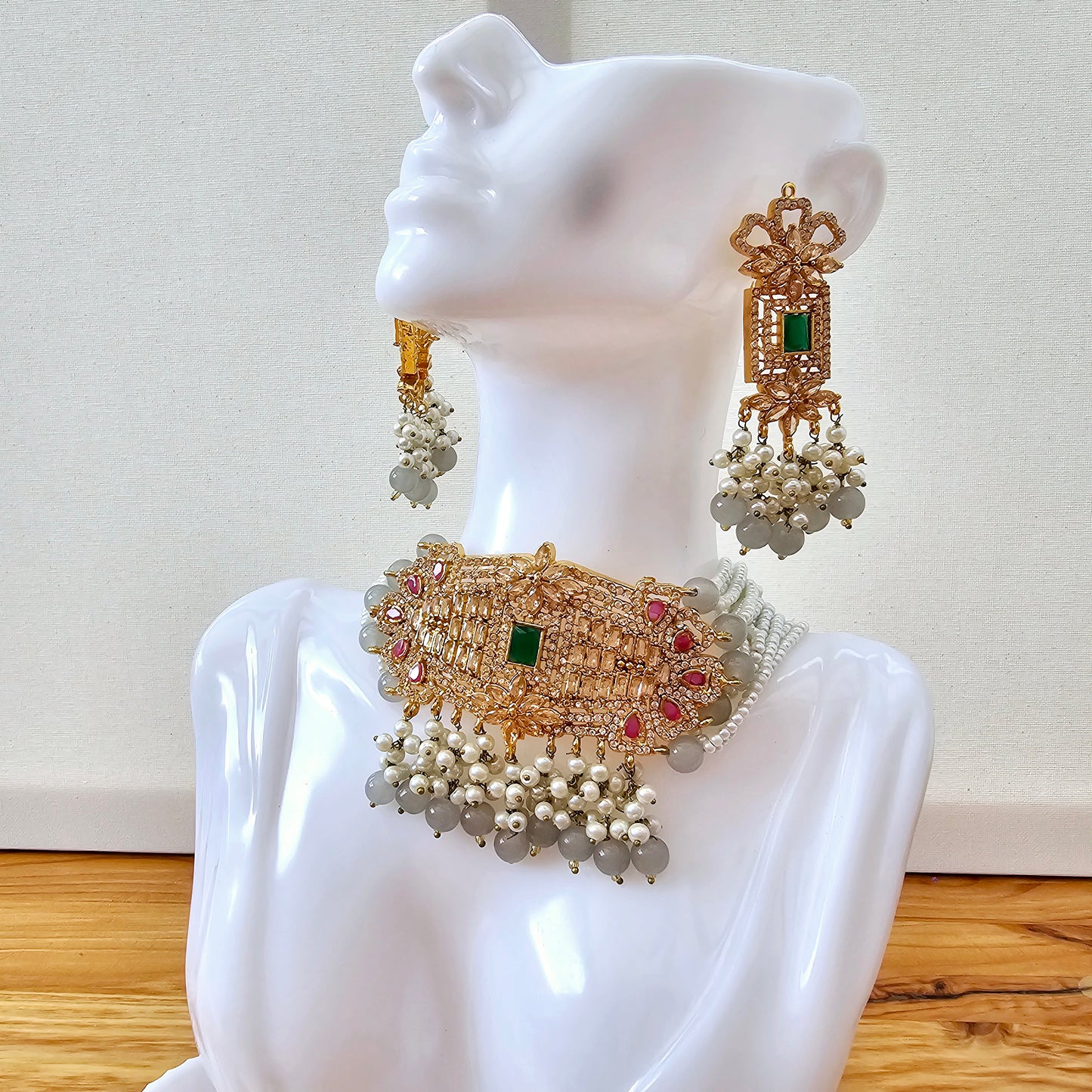 Gold Plated Kundan Choker Set with Jhumkas