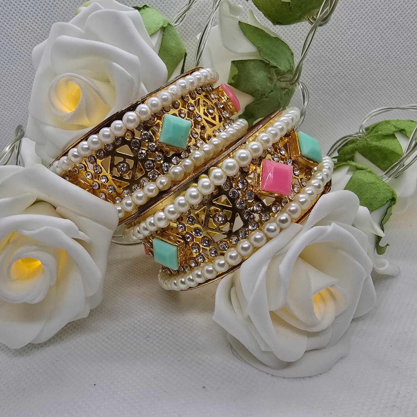 Old Style Kara Pair with White Pearls