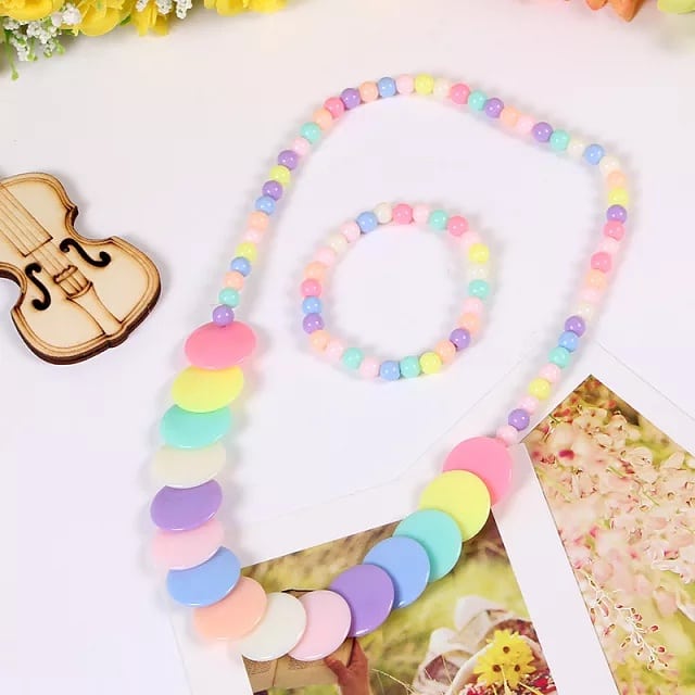 2 Pcs/Set Girls Wooden Jewelry - Rainbow Necklace and Bracelet Gift for Kids