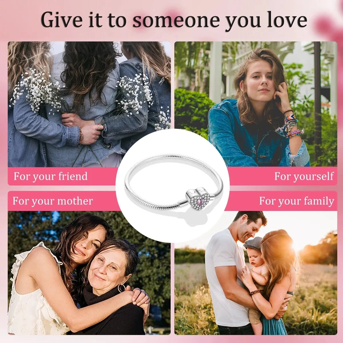 MULA 1PC Silver Plated Snake Chain Heart Shape Clasp Charm Bracelet