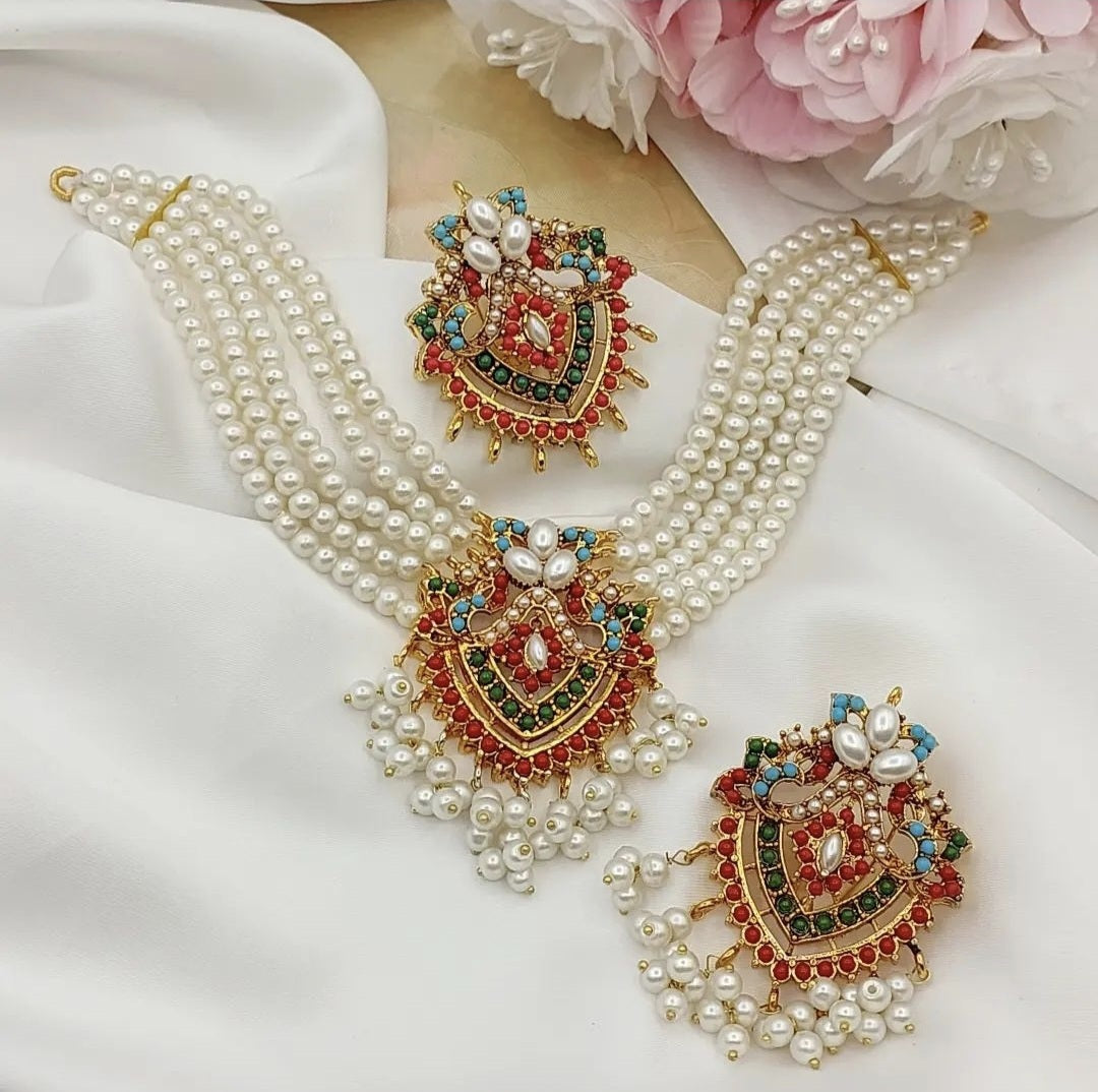 Asian Indian Pakistani Bollywood Designer Jewellery Set || Long Mala Rani Haar Earrings || Gold Plated Polki Stones Pearl Eid Party Wear