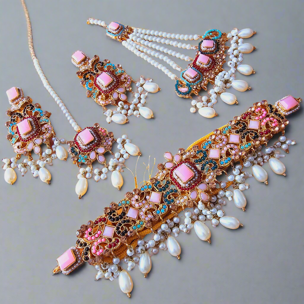 Kundan Choker Set || Tea Pink Jhumar Teeka Neckline Bridal Set