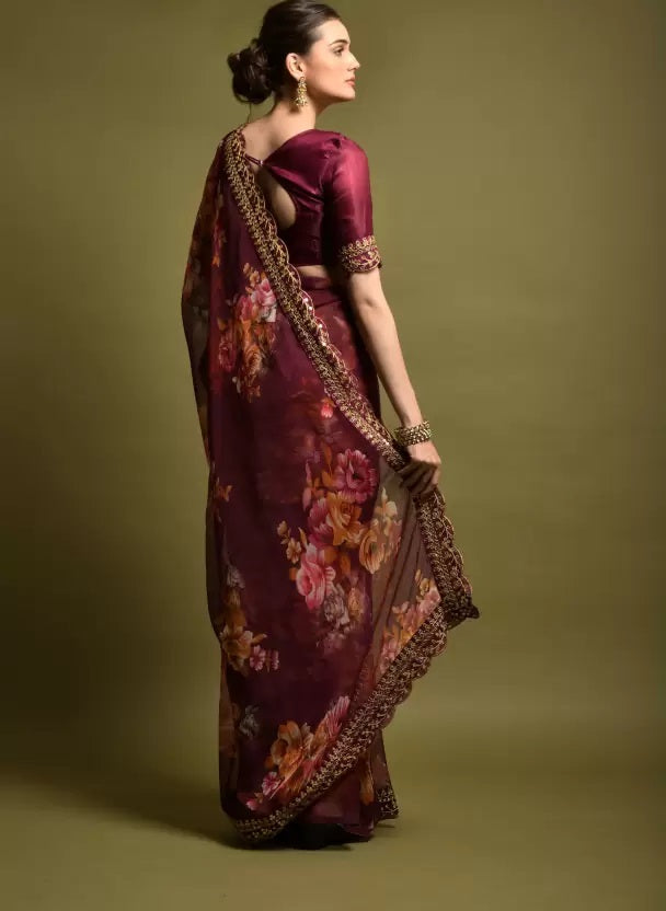 Floral Print Saree with Scalloped Border