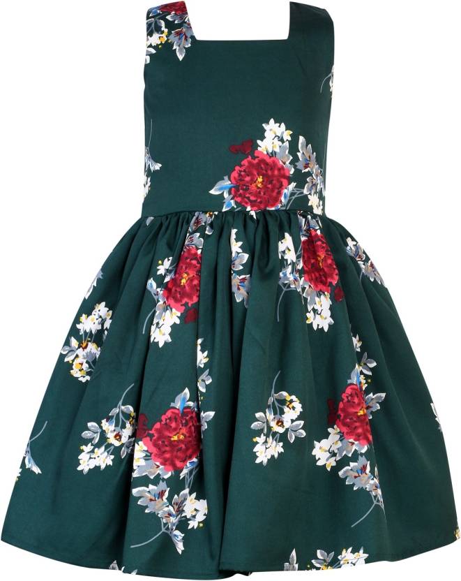 Girls Midi/Knee Length Casual Dress (Green, Sleeveless)