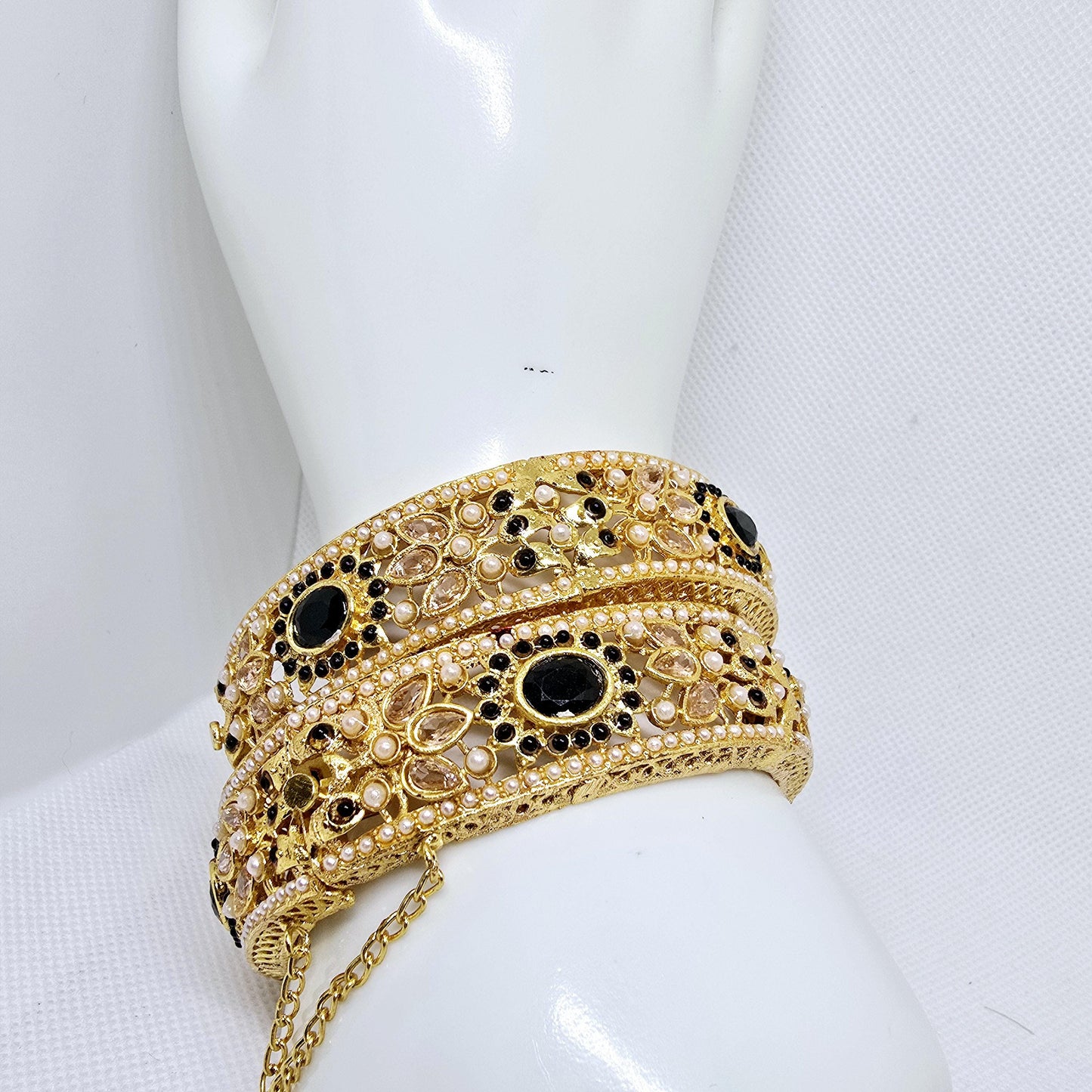 Indian Pakistani Gold Plated Wide Kara Set || Nauratan Bangle Pair