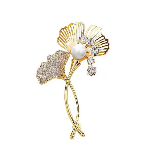 Womens Elegant Tulip Flower Faux Pearl Rhinestone Golden Brooch Pin