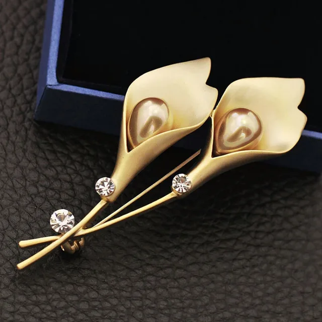 Womens Elegant Tulip Flower Faux Pearl Rhinestone Golden Brooch Pin