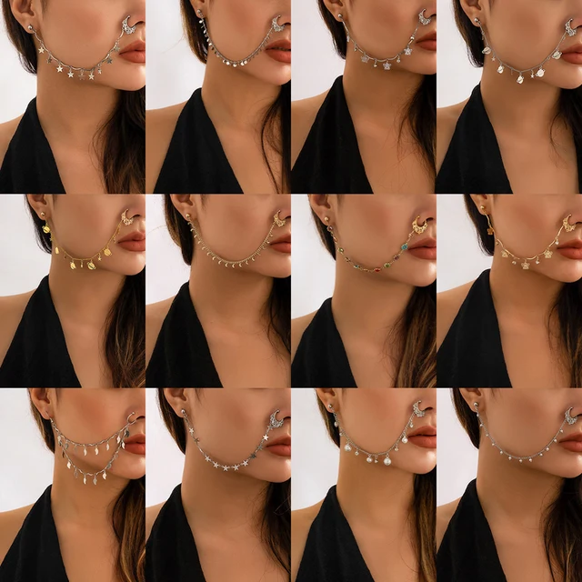 Free Piercing Nose Stud Ear Piercing || Ear Nose Piercing Ring || False Nose Ring Chain Septum Earrings