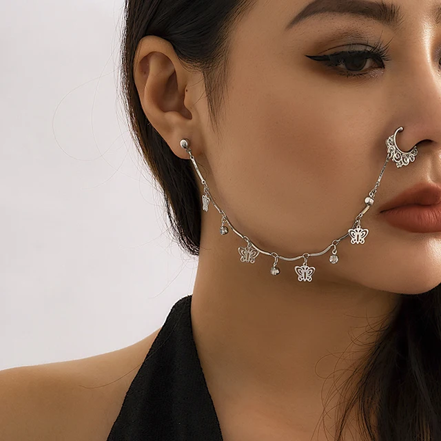 Free Piercing Nose Stud Ear Piercing || Ear Nose Piercing Ring || False Nose Ring Chain Septum Earrings