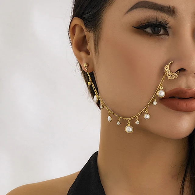 Free Piercing Nose Stud Ear Piercing || Ear Nose Piercing Ring || False Nose Ring Chain Septum Earrings