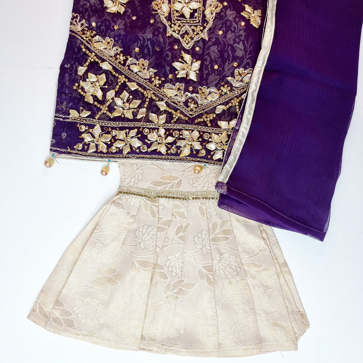 Pakistani/ Indian Girls Dress || Off White Banarsi Sharara and Purple Shirt Embellished with Golden Gota and Moti Handwork || Wedding Wear
