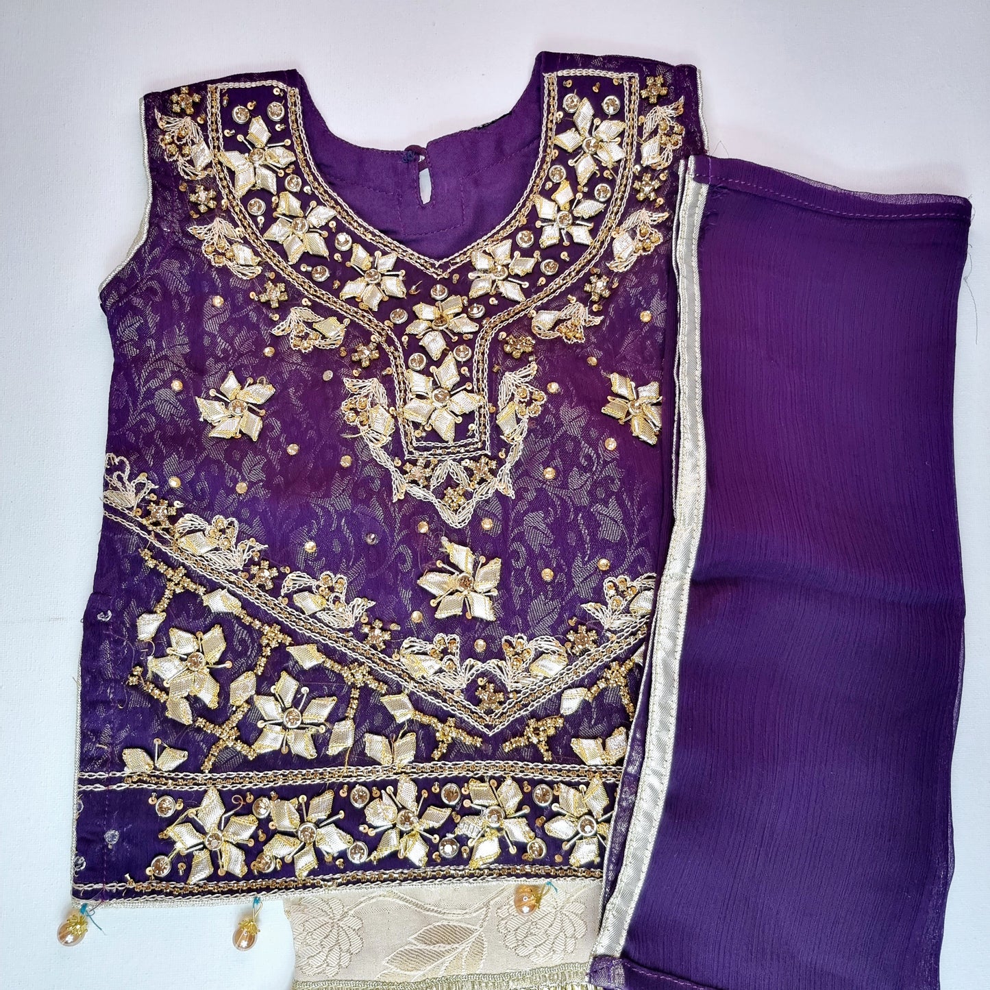 Pakistani/ Indian Girls Dress || Off White Banarsi Sharara and Purple Shirt Embellished with Golden Gota and Moti Handwork || Wedding Wear