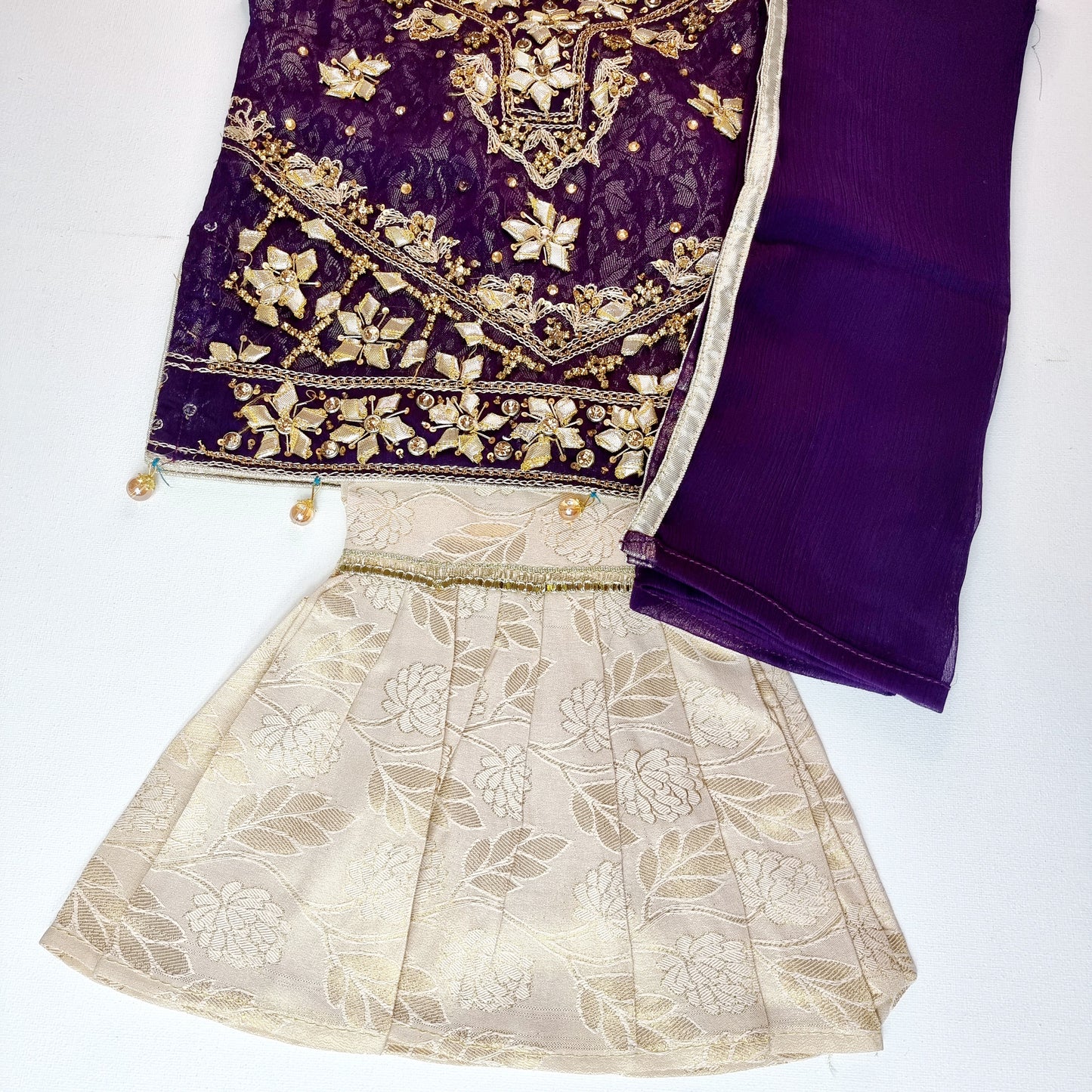 Pakistani/ Indian Girls Dress || Off White Banarsi Sharara and Purple Shirt Embellished with Golden Gota and Moti Handwork || Wedding Wear
