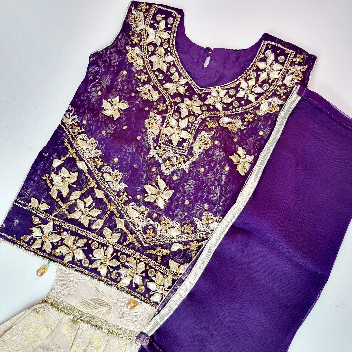 Pakistani/ Indian Girls Dress || Off White Banarsi Sharara and Purple Shirt Embellished with Golden Gota and Moti Handwork || Wedding Wear