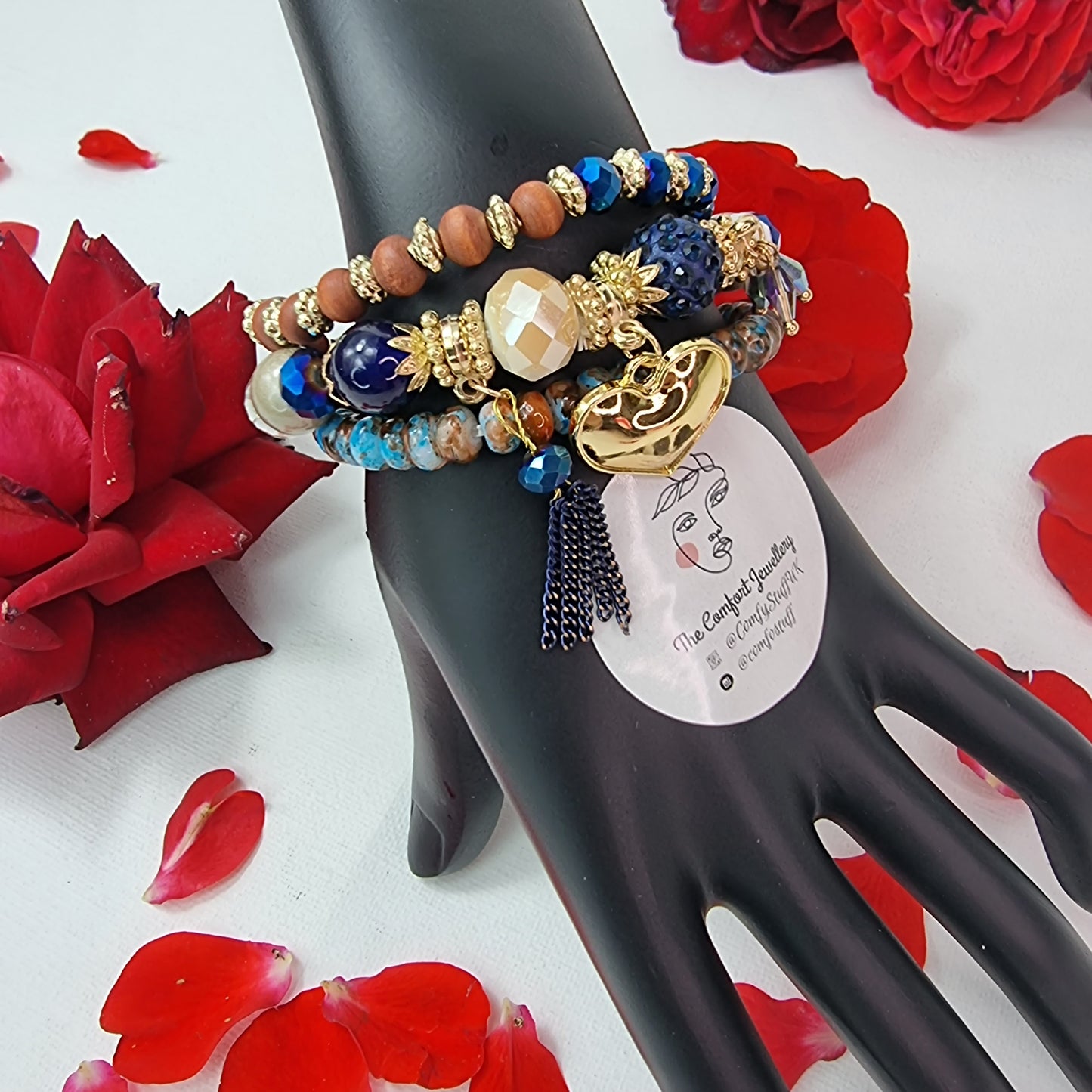 Pair of Red & Blue Beads Stacking Bracelets || Beaded Stretch Charm Bracelet || Set of 3 layering Bracelets || Tropical Boho Vintage