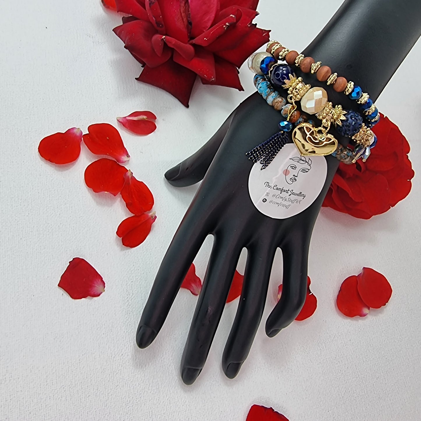 Pair of Red & Blue Beads Stacking Bracelets || Beaded Stretch Charm Bracelet || Set of 3 layering Bracelets || Tropical Boho Vintage