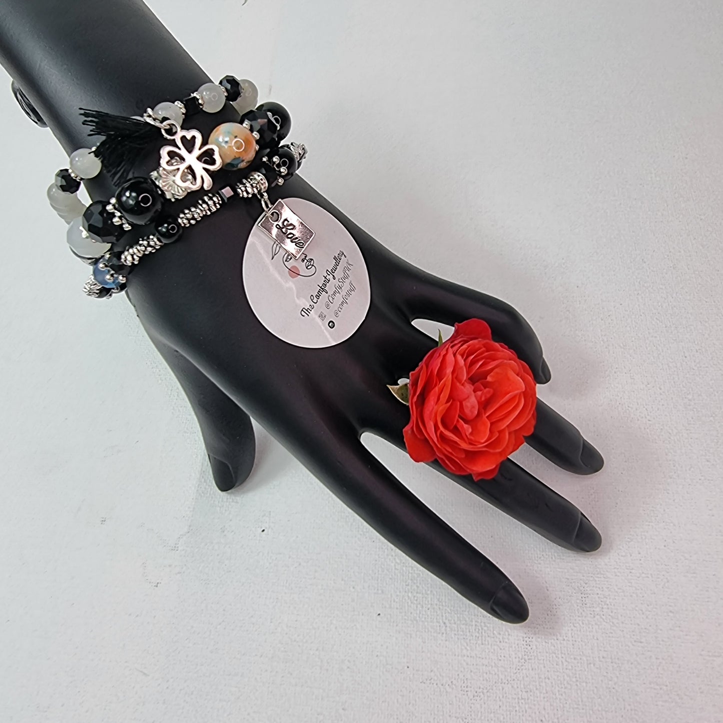 3Pcs Vintage Love Shape Elastic Beads Bracelet Set || Beaded Stretch Charm Bracelet || Set of 3 layering Bracelets || Tropical Boho Vintage