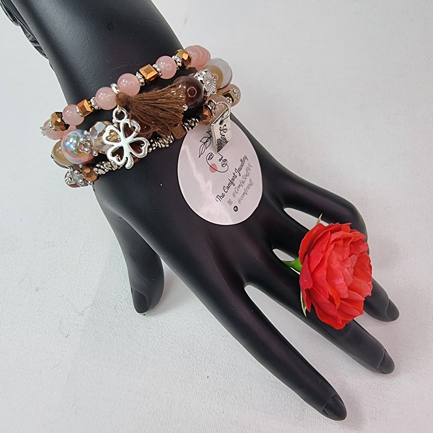 3Pcs Vintage Love Shape Elastic Beads Bracelet Set || Beaded Stretch Charm Bracelet || Set of 3 layering Bracelets || Tropical Boho Vintage