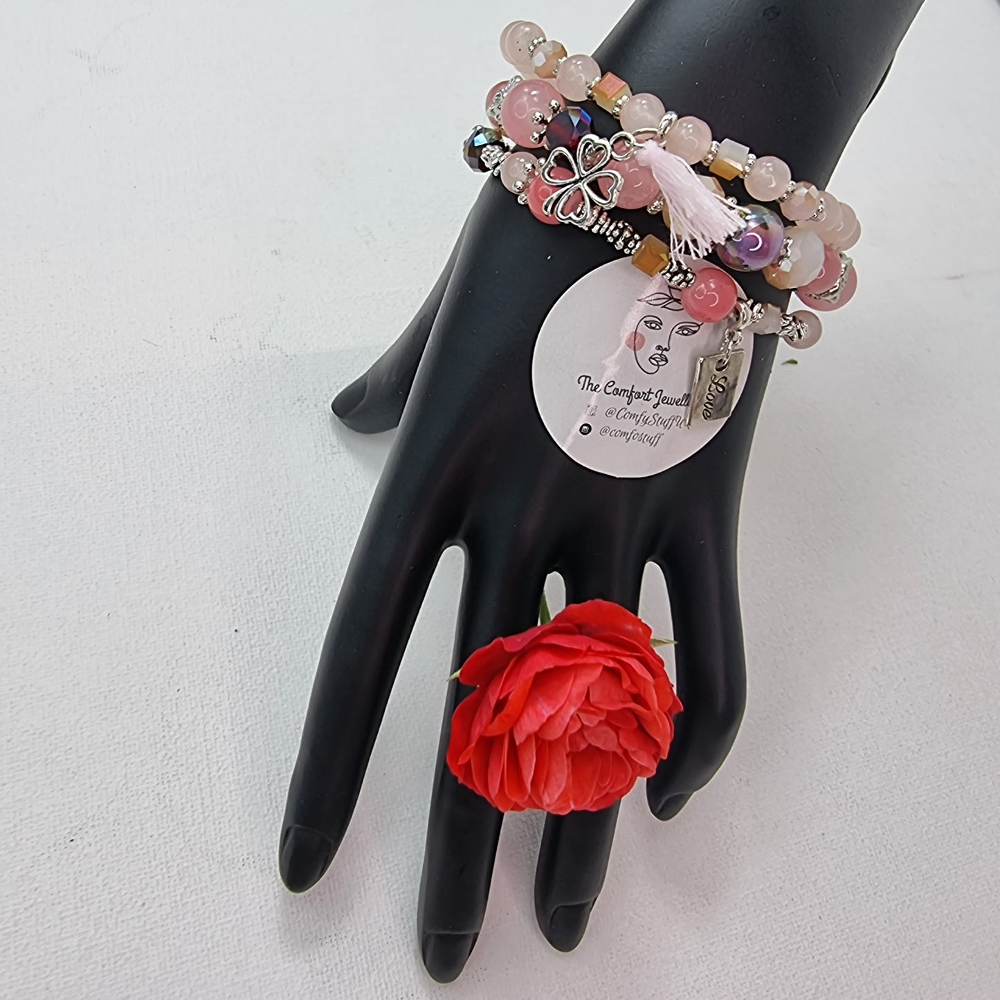 3Pcs Vintage Love Shape Elastic Beads Bracelet Set || Beaded Stretch Charm Bracelet || Set of 3 layering Bracelets || Tropical Boho Vintage