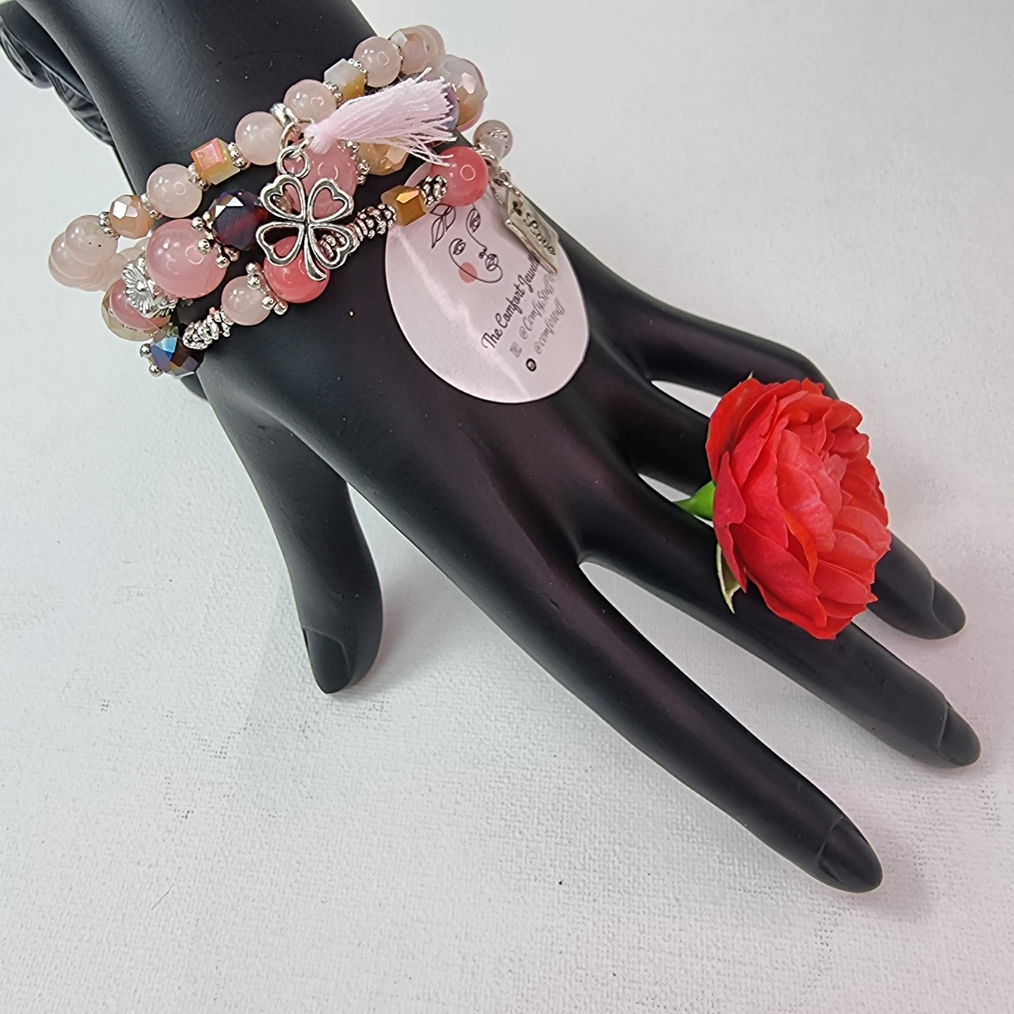 3Pcs Vintage Love Shape Elastic Beads Bracelet Set || Beaded Stretch Charm Bracelet || Set of 3 layering Bracelets || Tropical Boho Vintage