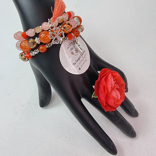 3Pcs Vintage Love Shape Elastic Beads Bracelet Set || Beaded Stretch Charm Bracelet || Set of 3 layering Bracelets || Tropical Boho Vintage