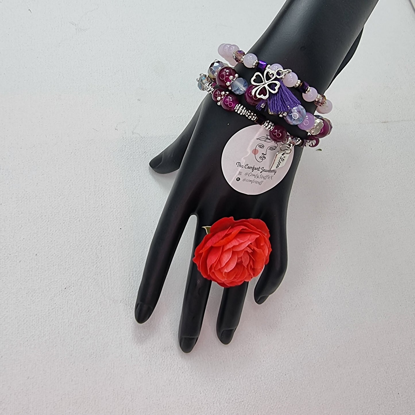 3Pcs Vintage Love Shape Elastic Beads Bracelet Set || Beaded Stretch Charm Bracelet || Set of 3 layering Bracelets || Tropical Boho Vintage