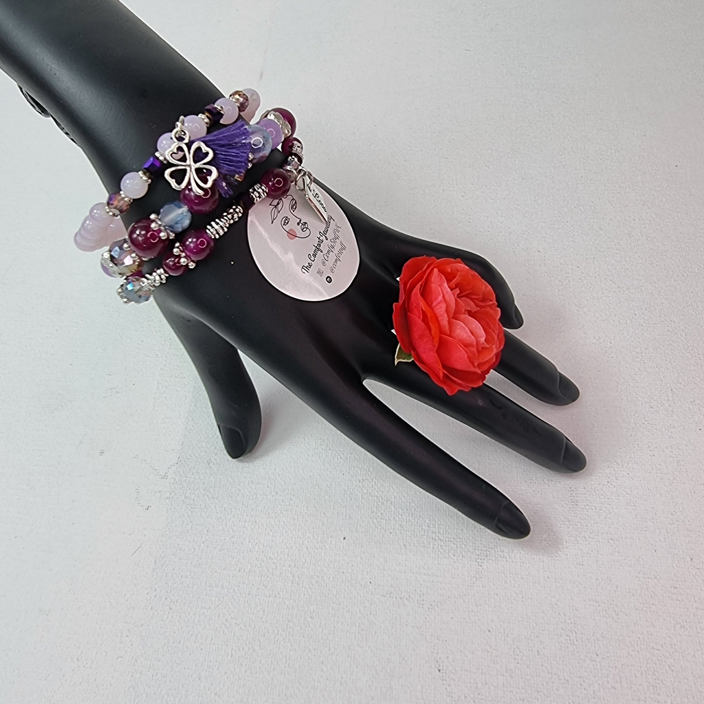 3Pcs Vintage Love Shape Elastic Beads Bracelet Set || Beaded Stretch Charm Bracelet || Set of 3 layering Bracelets || Tropical Boho Vintage