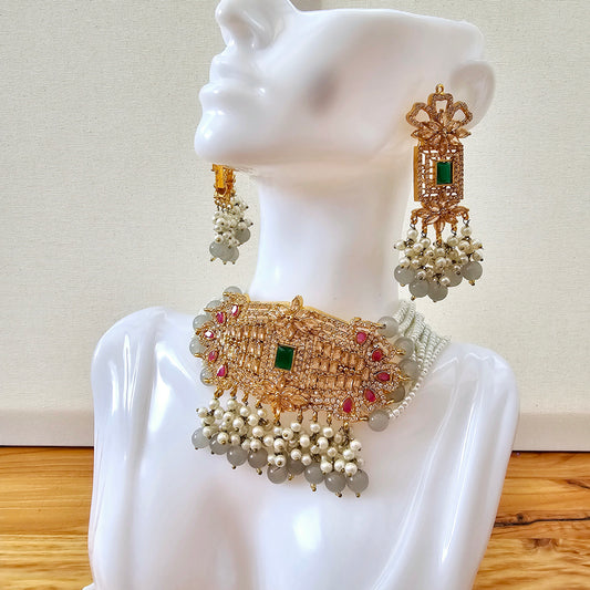 Gold Plated Kundan Choker Set with Jhumkas