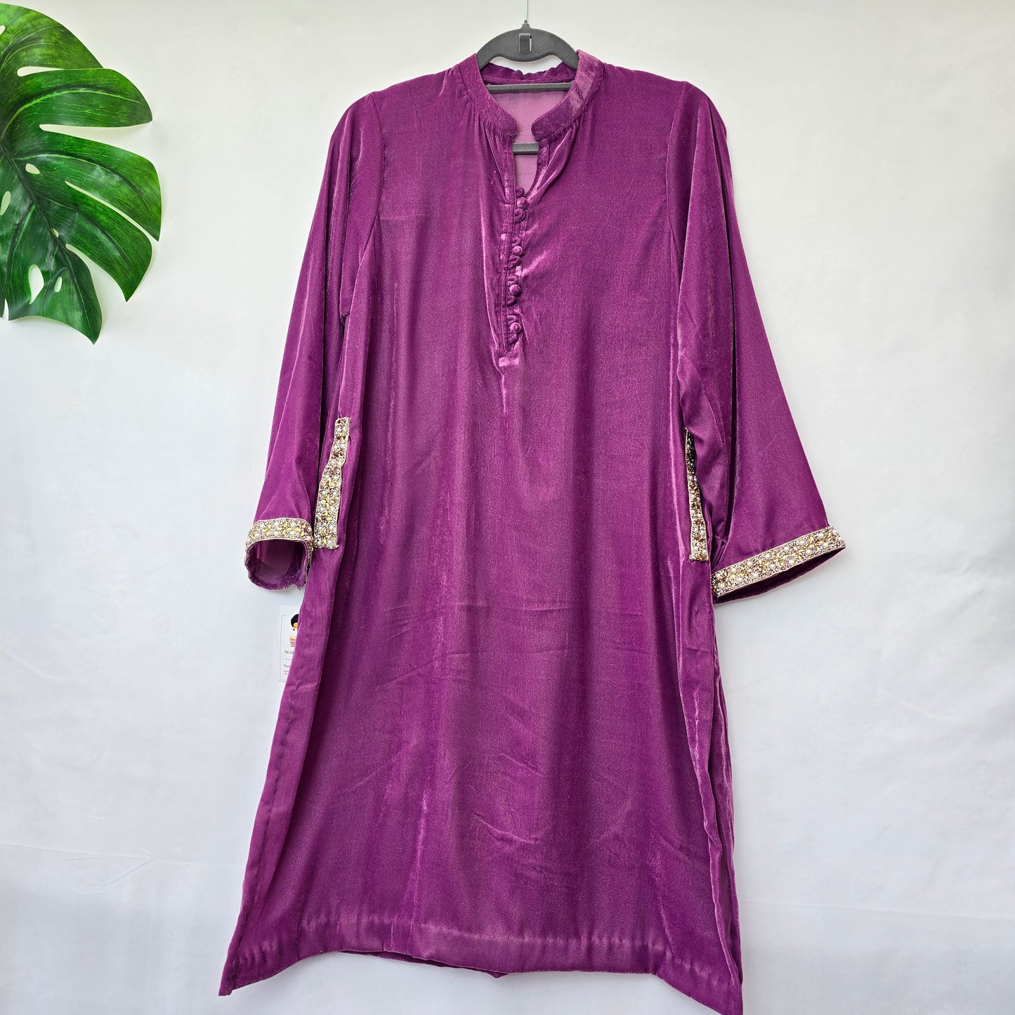Velvet Kurta For Women - Pink & Golden Embroidered Kurta - Wedding/Party Wear