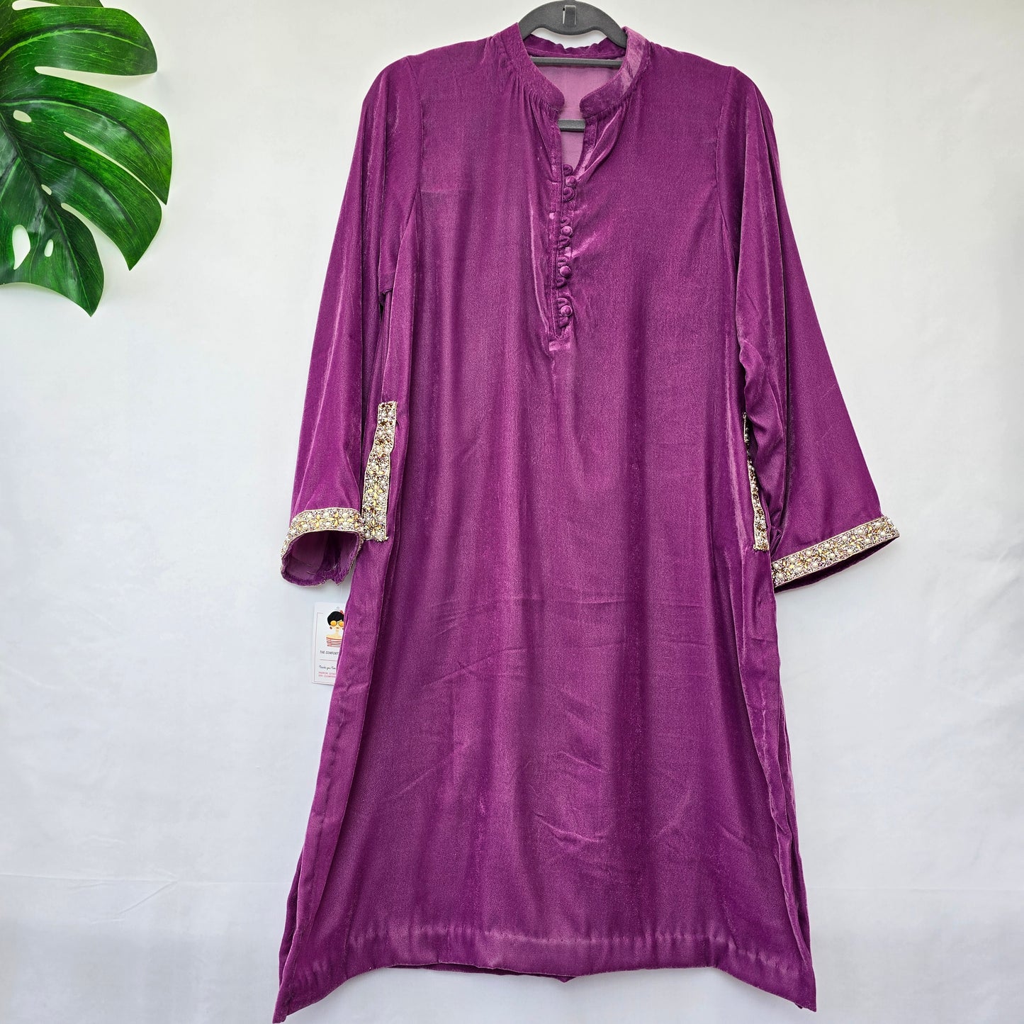 Velvet Kurta For Women - Pink & Golden Embroidered Kurta - Wedding/Party Wear