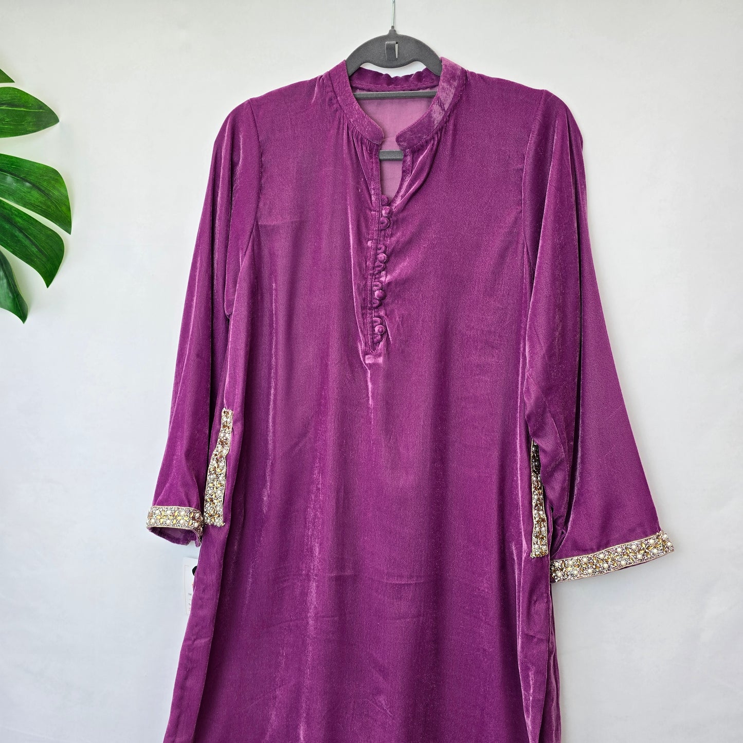 Velvet Kurta For Women - Pink & Golden Embroidered Kurta - Wedding/Party Wear