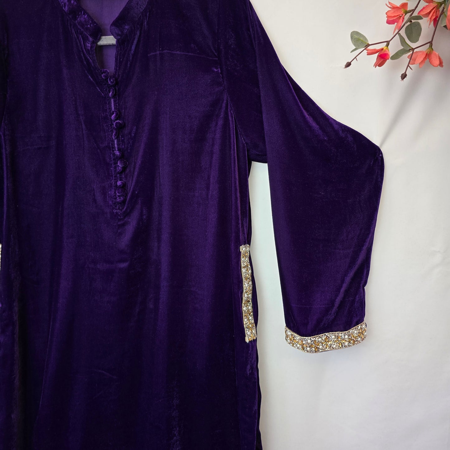 Velvet Collar Shirt with Pockets Readymade, Black/Blood Red/Purple/Zinc/Black and Navy Blue Kurta Partywear