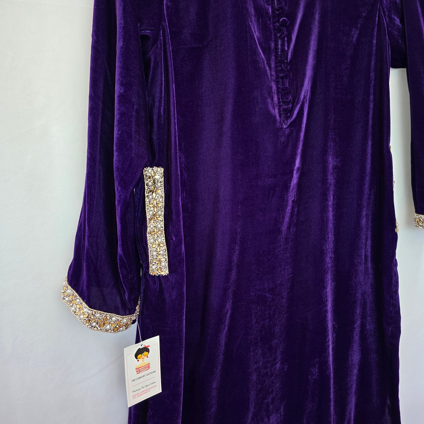 Velvet Collar Shirt with Pockets Readymade, Black/Blood Red/Purple/Zinc/Black and Navy Blue Kurta Partywear