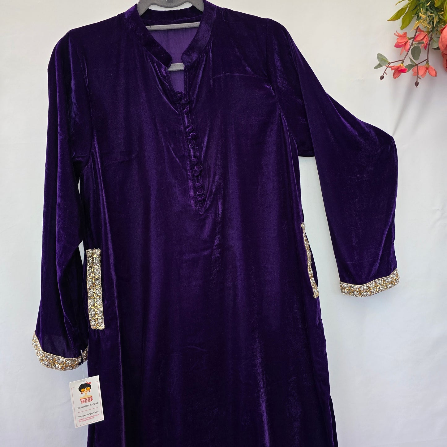 Velvet Collar Shirt with Pockets Readymade, Black/Blood Red/Purple/Zinc/Black and Navy Blue Kurta Partywear