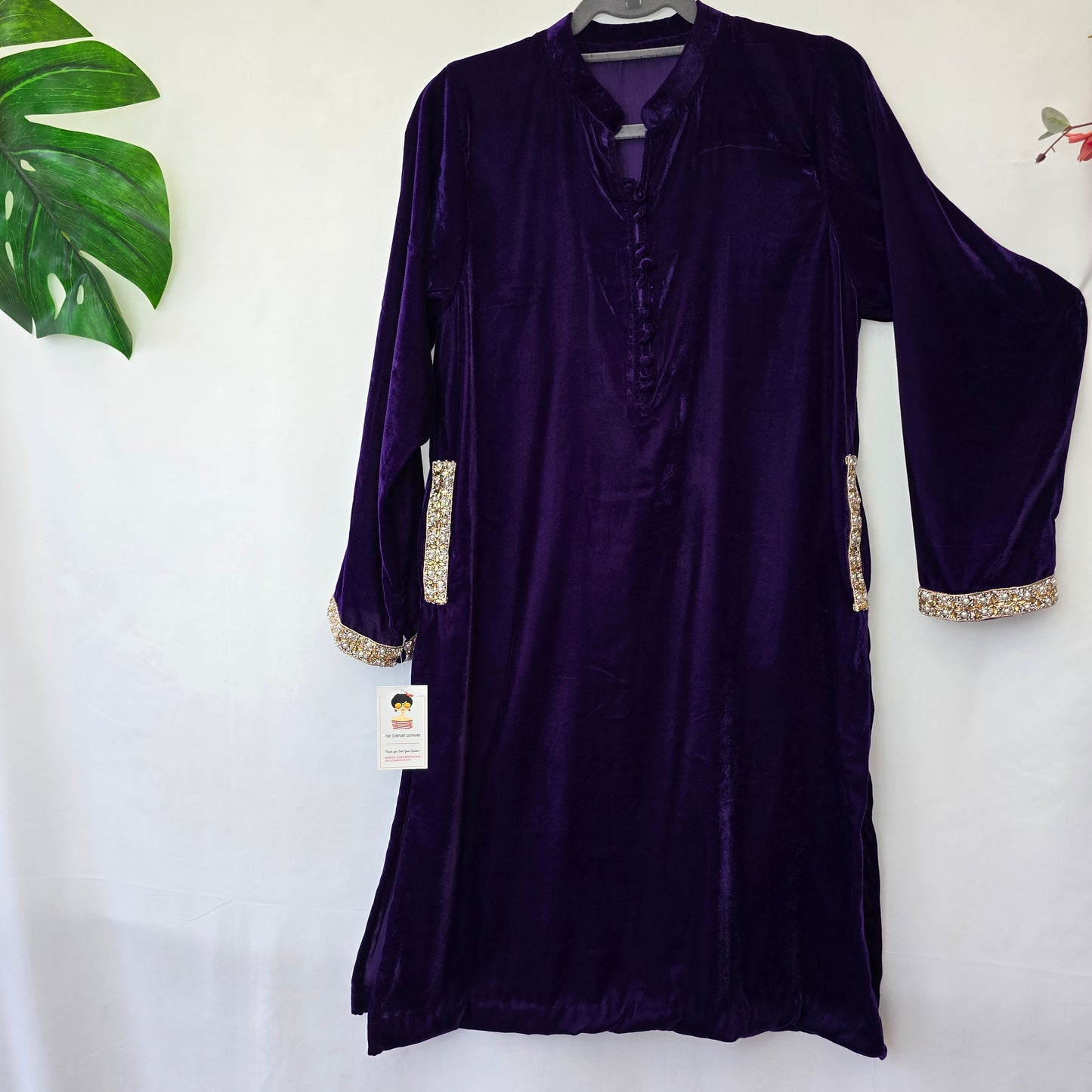 Velvet Collar Shirt with Pockets Readymade, Black/Blood Red/Purple/Zinc/Black and Navy Blue Kurta Partywear