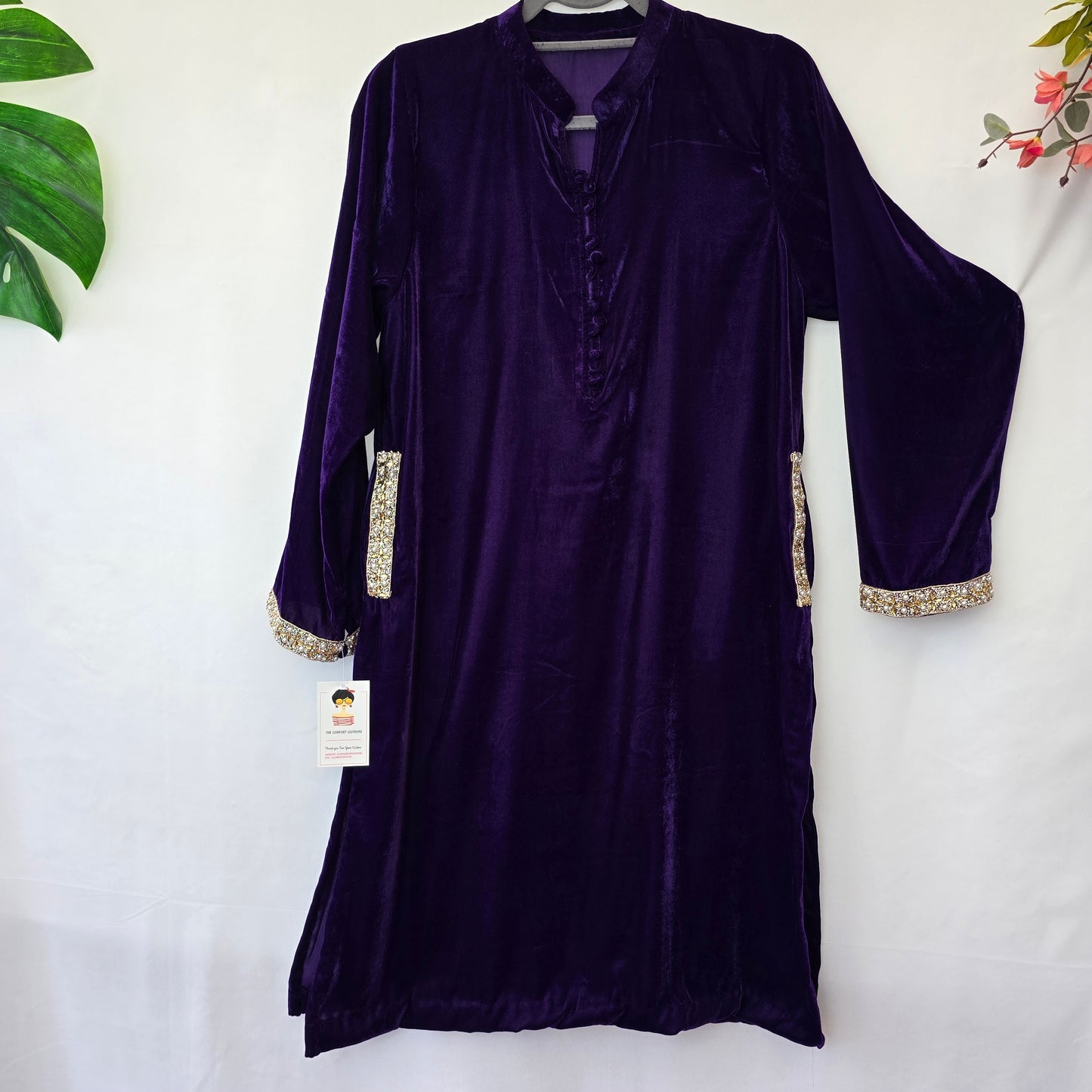 Velvet Collar Shirt with Pockets Readymade, Black/Blood Red/Purple/Zinc/Black and Navy Blue Kurta Partywear