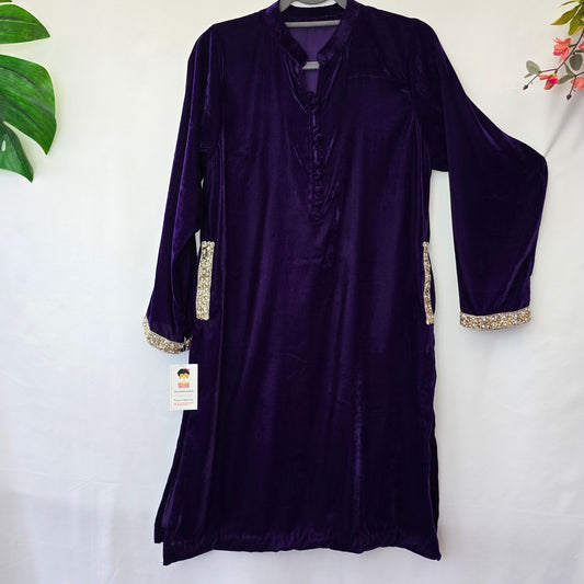Velvet Collar Shirt with Pockets Readymade, Black/Blood Red/Purple/Zinc/Black and Navy Blue Kurta Partywear