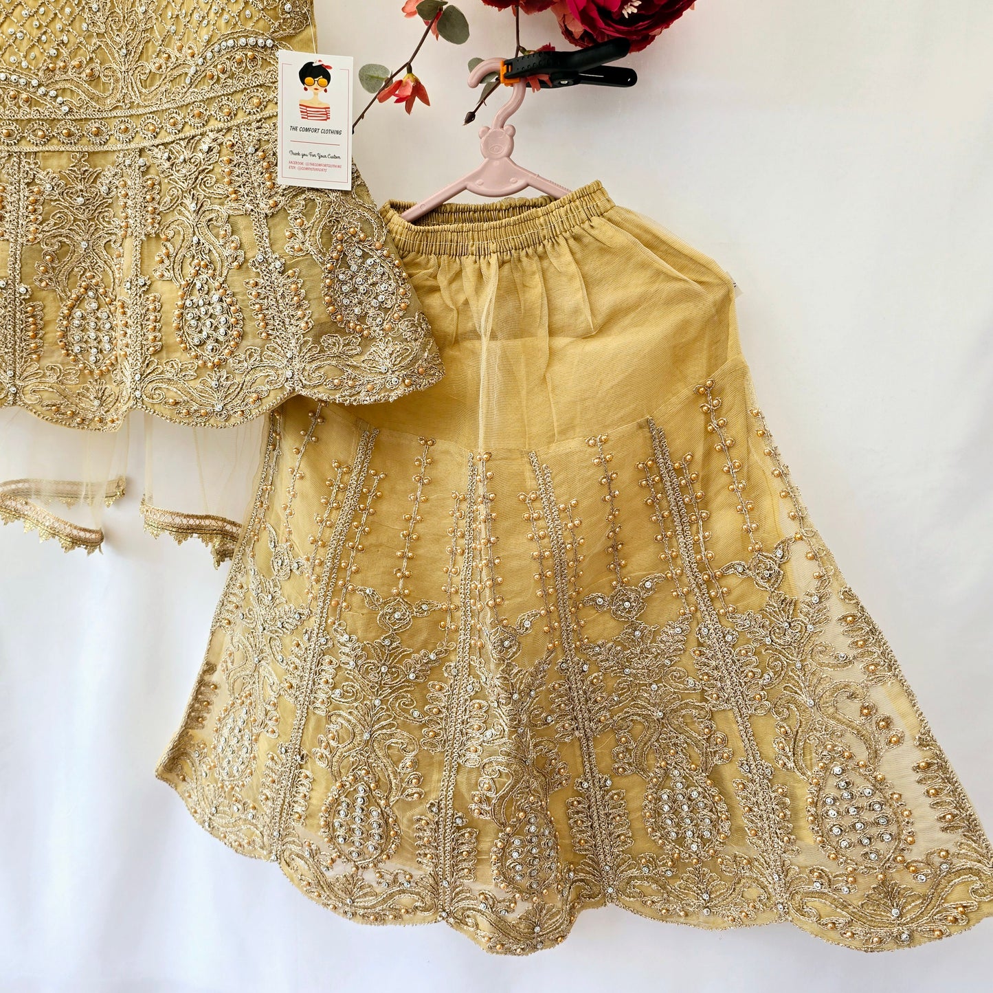 Eid Collection 2025 | Beige Colour Embroidered Shirt with Lehnga Girls Party Wear | Perfect for Eid, Wedding & Party wear