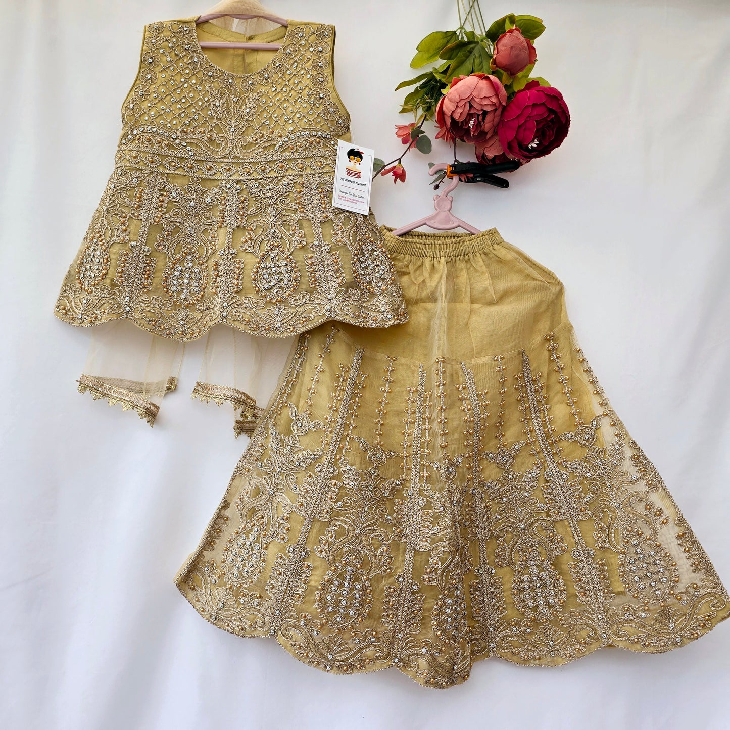 Eid Collection 2025 | Beige Colour Embroidered Shirt with Lehnga Girls Party Wear | Perfect for Eid, Wedding & Party wear