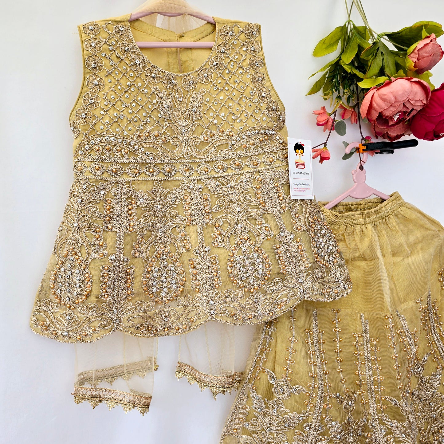 Eid Collection 2025 | Beige Colour Embroidered Shirt with Lehnga Girls Party Wear | Perfect for Eid, Wedding & Party wear