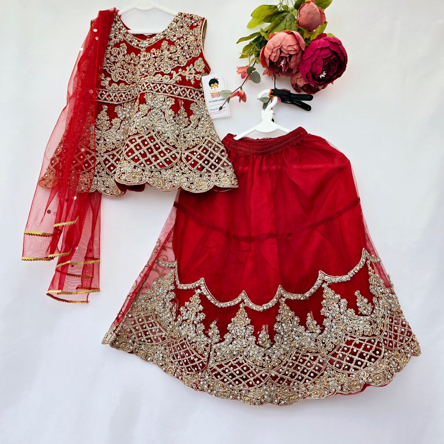 Eid Collection 2025 | Blood Red Colour Embroidered Shirt with Lehnga Girls Party Wear | Perfect for Eid, Wedding & Party wear