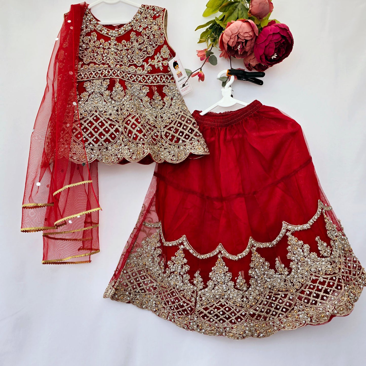 Eid Collection 2025 | Blood Red Colour Embroidered Shirt with Lehnga Girls Party Wear | Perfect for Eid, Wedding & Party wear