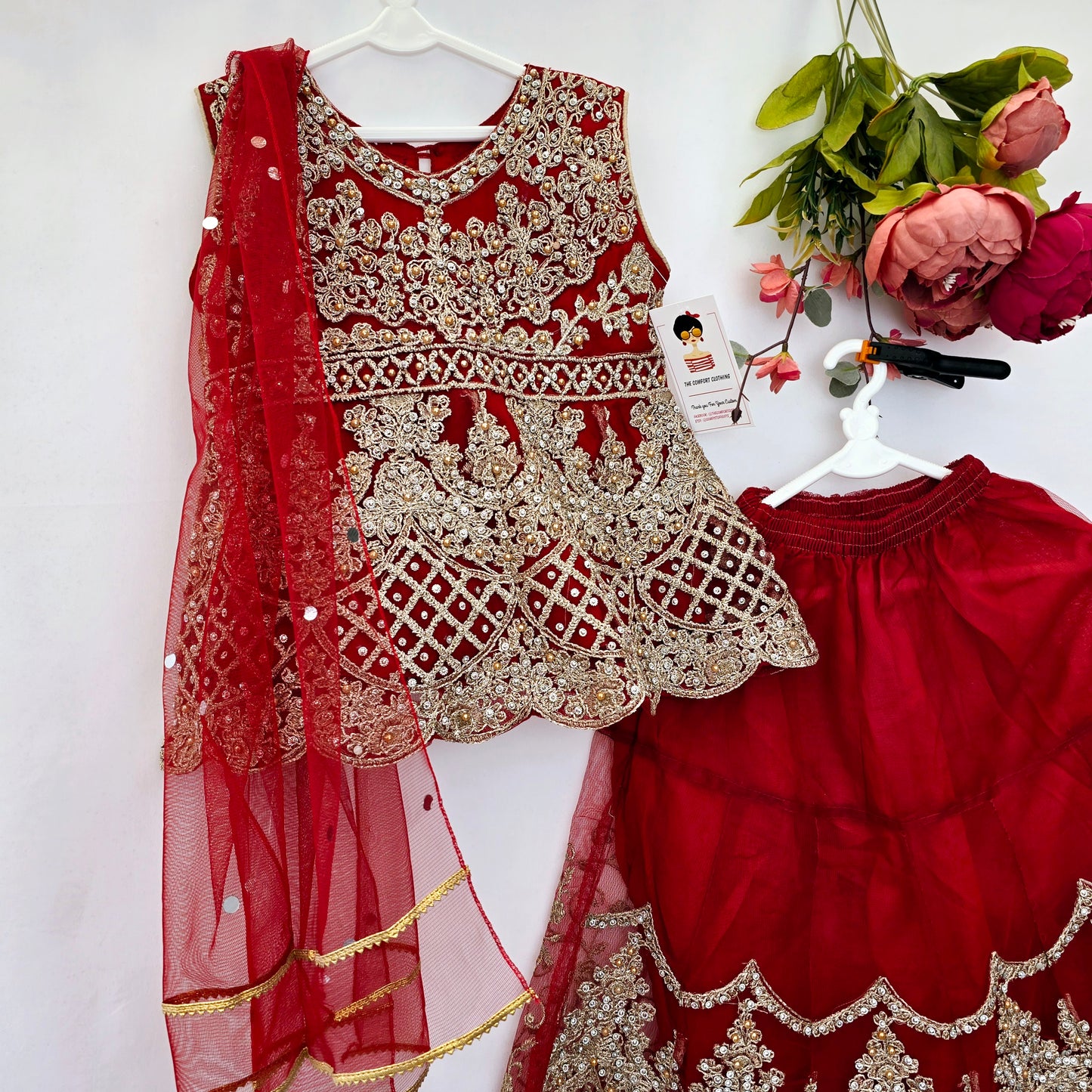Eid Collection 2025 | Blood Red Colour Embroidered Shirt with Lehnga Girls Party Wear | Perfect for Eid, Wedding & Party wear