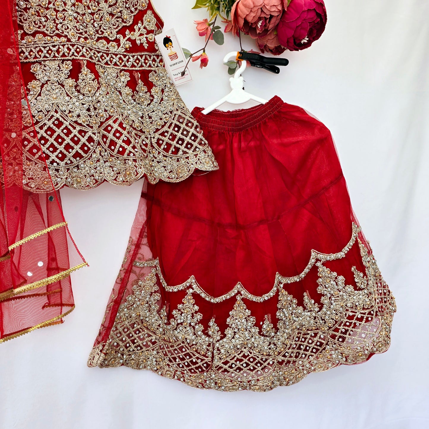Eid Collection 2025 | Blood Red Colour Embroidered Shirt with Lehnga Girls Party Wear | Perfect for Eid, Wedding & Party wear