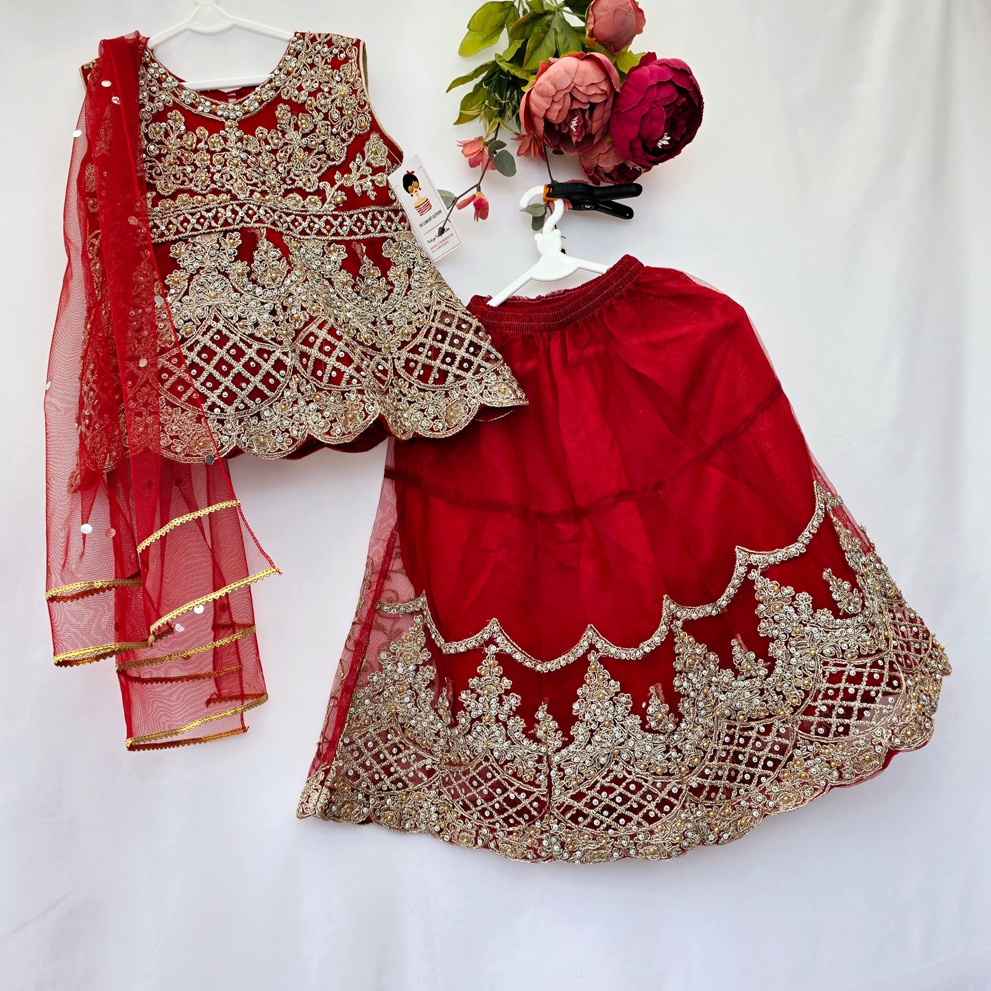 Eid Collection 2025 | Blood Red Colour Embroidered Shirt with Lehnga Girls Party Wear | Perfect for Eid, Wedding & Party wear
