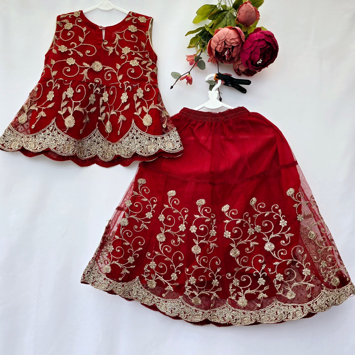 Eid Collection 2025 | Blood Red Colour Embroidered Shirt with Lehnga Girls Party Wear | Perfect for Eid, Wedding & Party wear