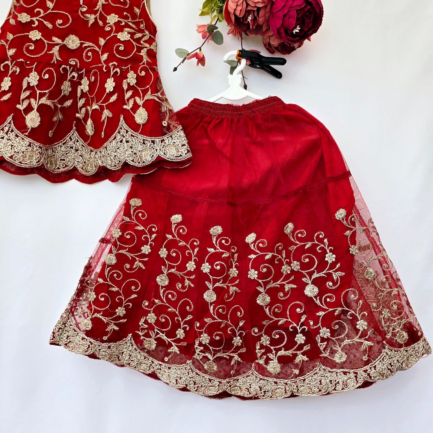 Eid Collection 2025 | Blood Red Colour Embroidered Shirt with Lehnga Girls Party Wear | Perfect for Eid, Wedding & Party wear