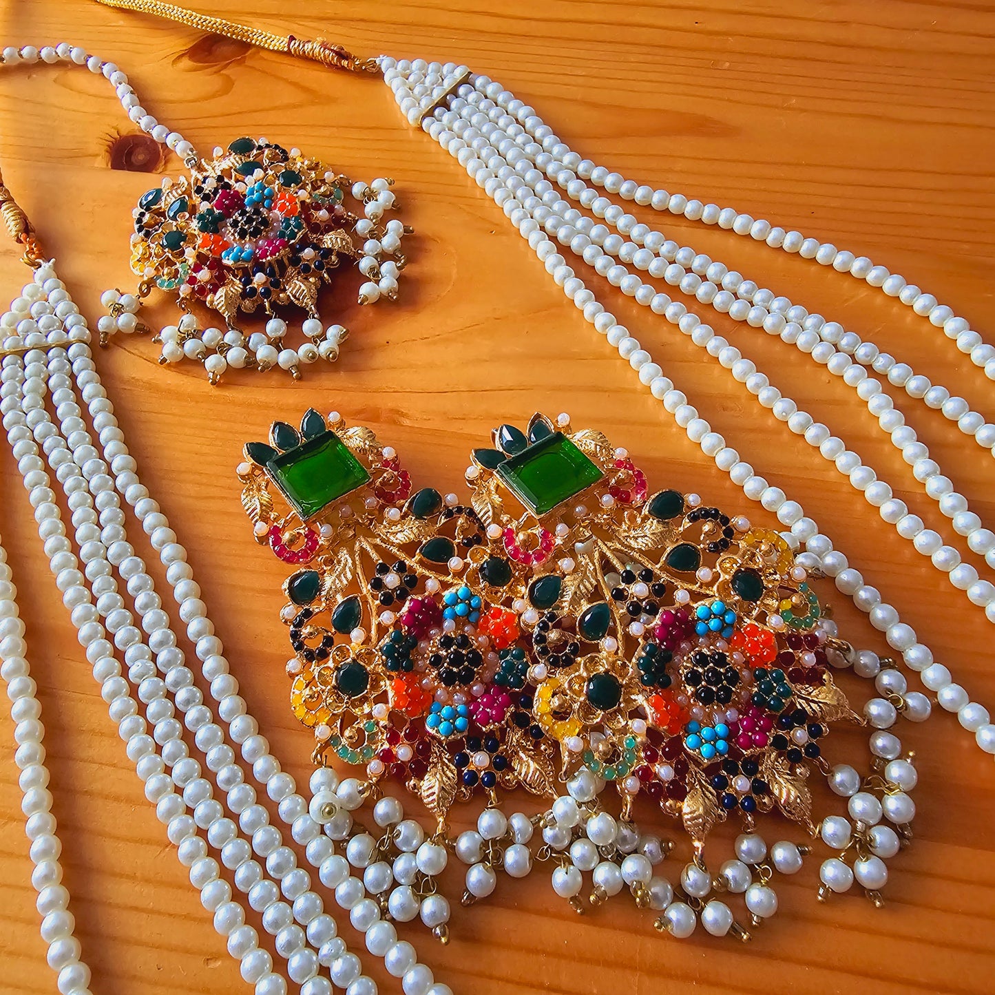 Pearl Maala Kundan Pendant Set with Zirconia || Long Dangled Jhumkas with Nauratan Maala