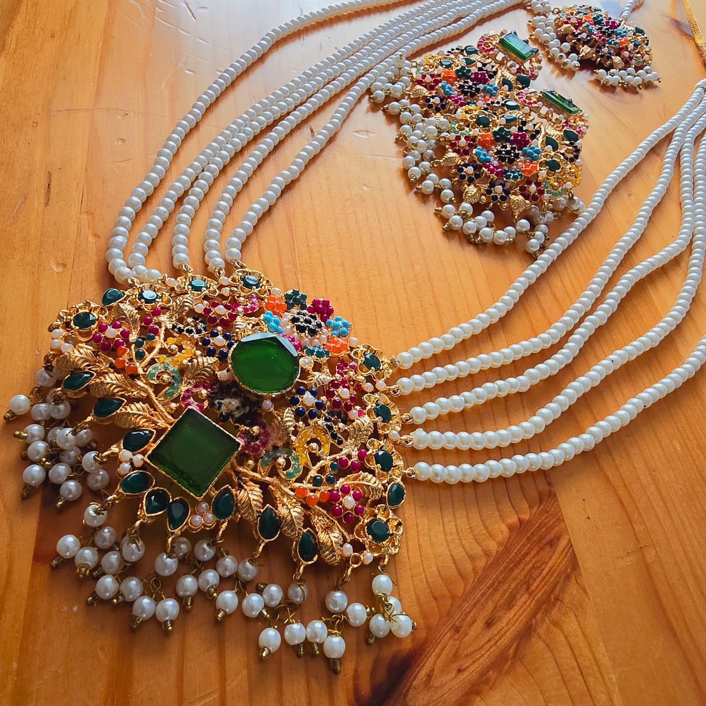 Pearl Maala Kundan Pendant Set with Zirconia || Long Dangled Jhumkas with Nauratan Maala