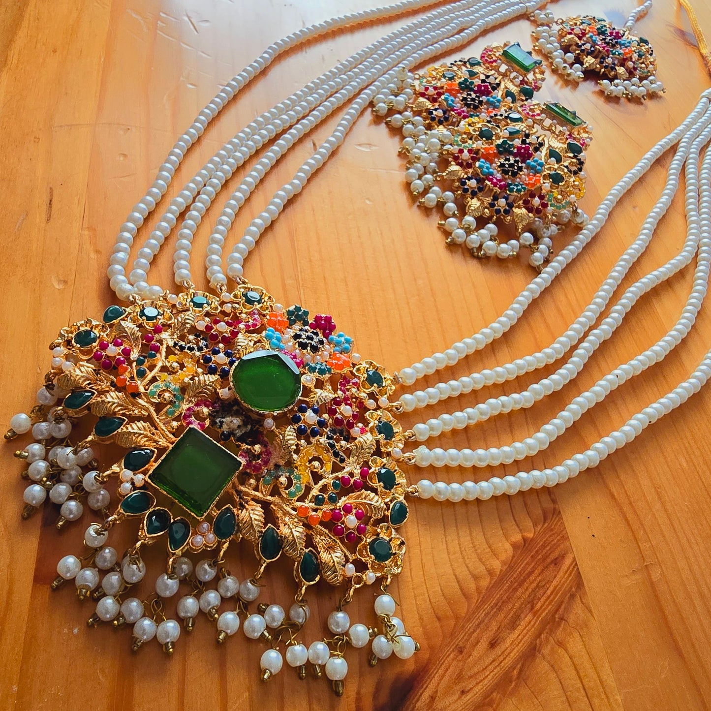 Pearl Maala Kundan Pendant Set with Zirconia || Long Dangled Jhumkas with Nauratan Maala